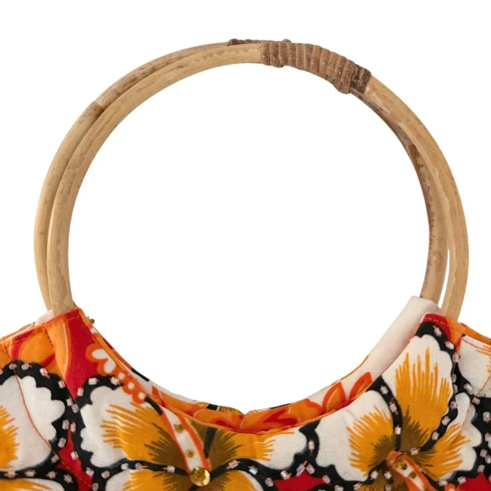 Kisses & Hugs Vintage Tropical Resort Floral Boho Beaded Bamboo Handle Purse Bag